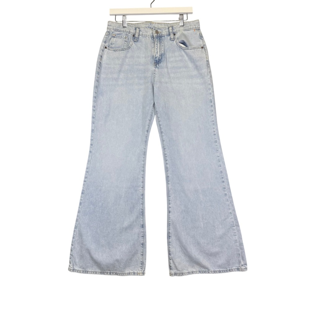 Y2K High Rise Baggy Flare Jeans Light Wash Blue Size18 Adjustable Waist Retro